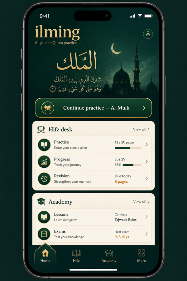 BayanLearn student app home — continue practice and Hifz desk